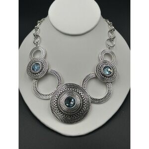 Southwest Style Silver Tone Medallion Blue Faceted Rhinestone Aqua Blue Necklace